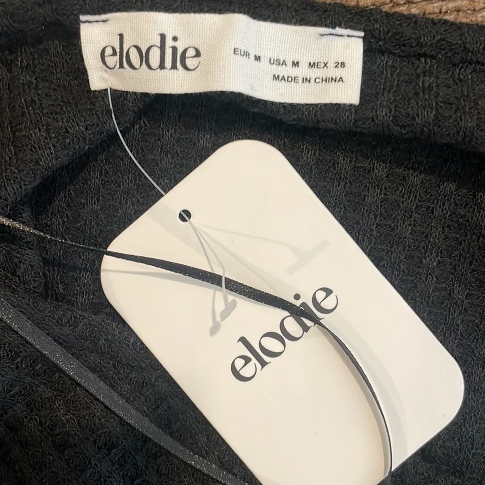 NWT Black Waffle Print ELODIE Crop Top with drawstring tie in the front, size M